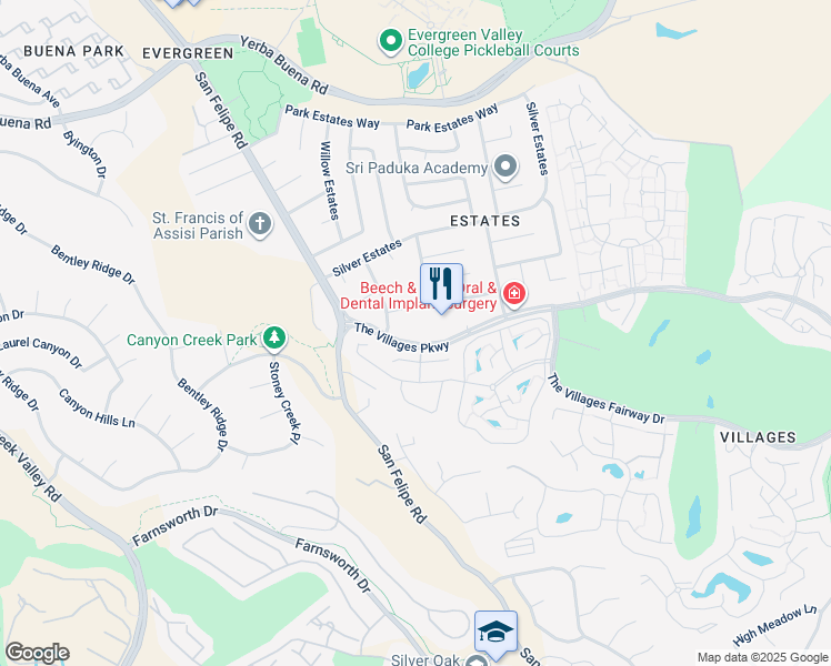 map of restaurants, bars, coffee shops, grocery stores, and more near 2855 The Villages Parkway in San Jose