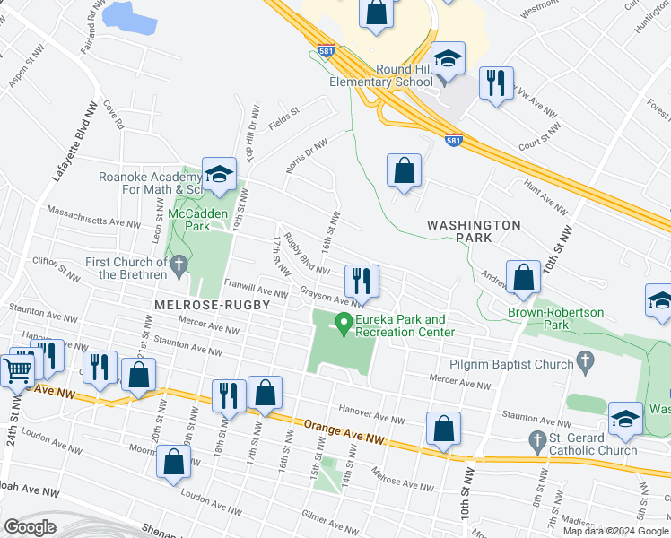 map of restaurants, bars, coffee shops, grocery stores, and more near 1533 Rugby Boulevard Northwest in Roanoke