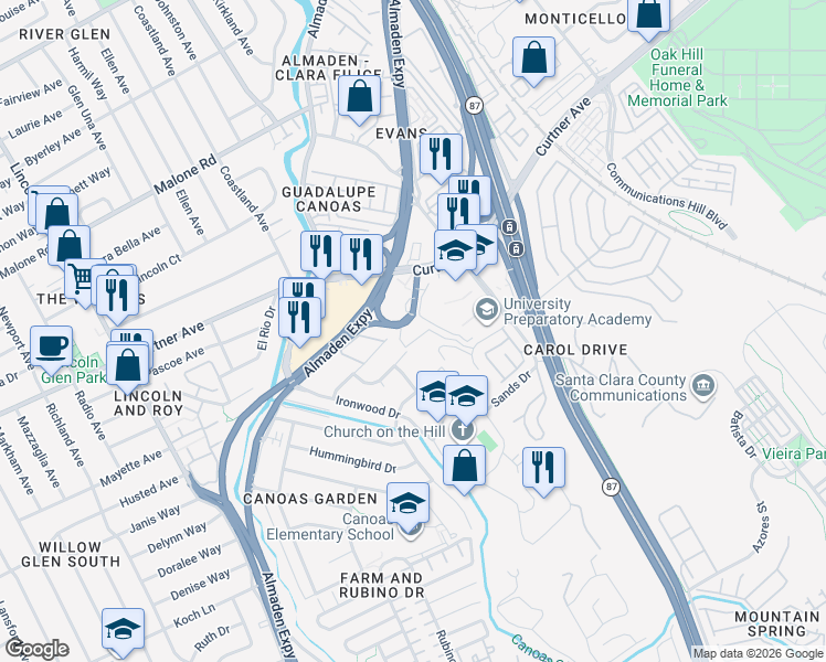 map of restaurants, bars, coffee shops, grocery stores, and more near 1277 Babb Court in San Jose