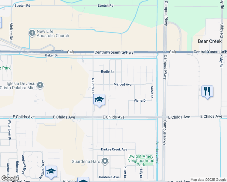 map of restaurants, bars, coffee shops, grocery stores, and more near 125 Mono Lake Court in Merced