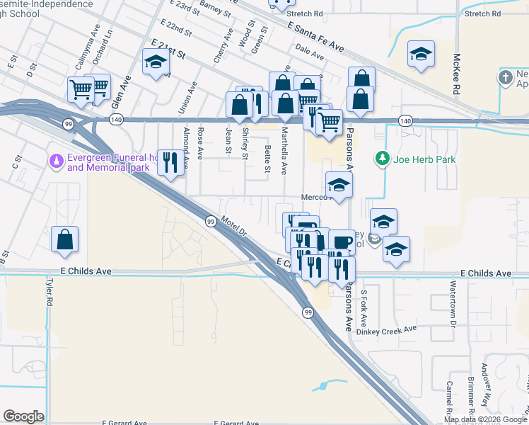map of restaurants, bars, coffee shops, grocery stores, and more near 1559 Ronnie Court in Merced
