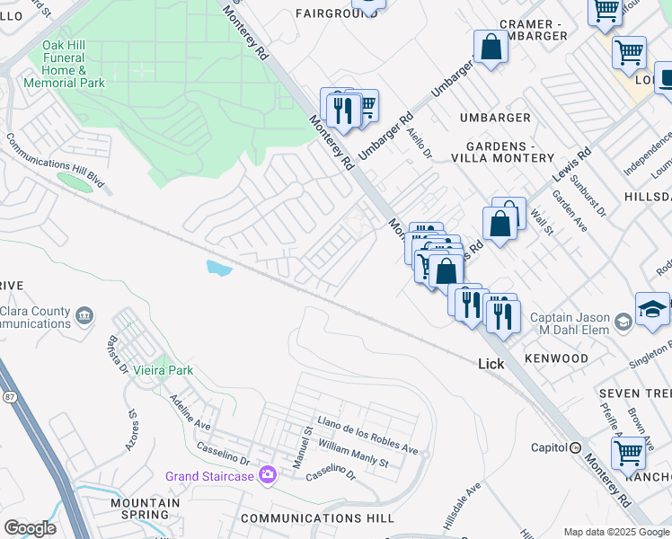 map of restaurants, bars, coffee shops, grocery stores, and more near 88 Montecito Vista Drive in San Jose