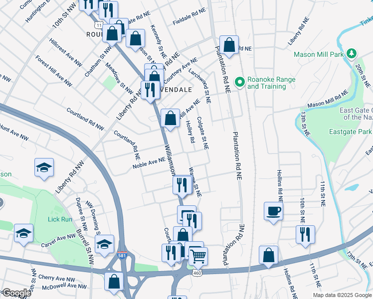 map of restaurants, bars, coffee shops, grocery stores, and more near 2005 Wayne Street Northeast in Roanoke