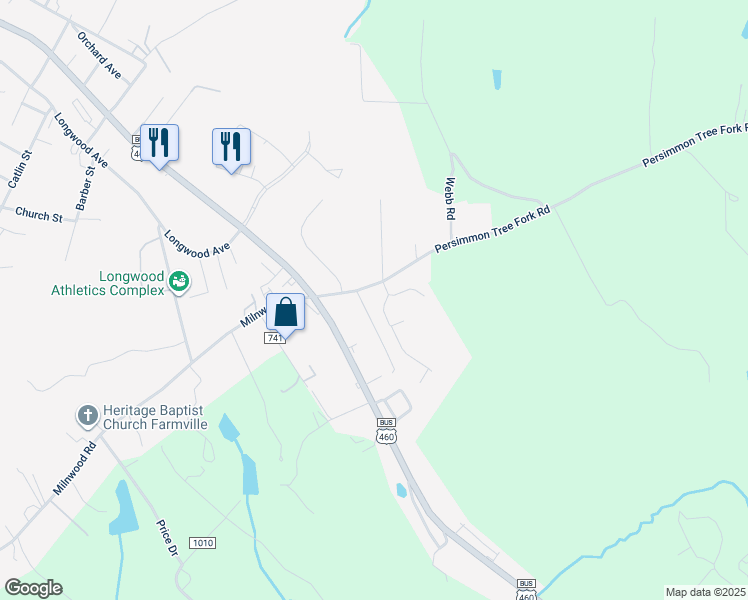 map of restaurants, bars, coffee shops, grocery stores, and more near 1813 Woodland Trail in Farmville
