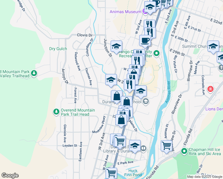 map of restaurants, bars, coffee shops, grocery stores, and more near 2425 West 3rd Avenue in Durango
