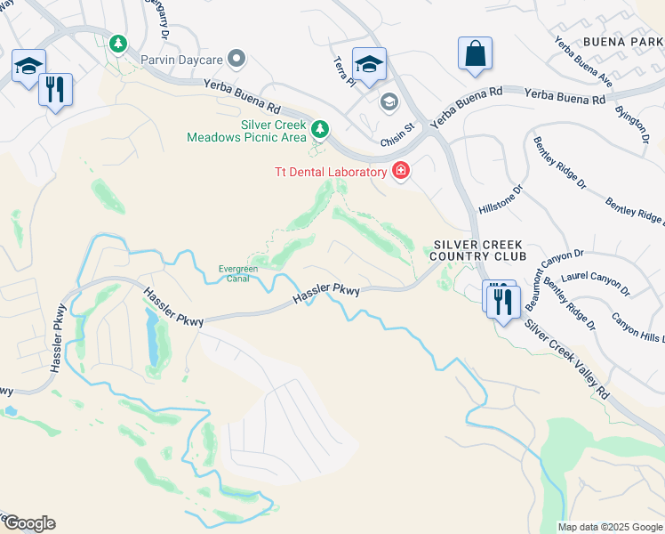 map of restaurants, bars, coffee shops, grocery stores, and more near 1828 Bridgeview Court in San Jose
