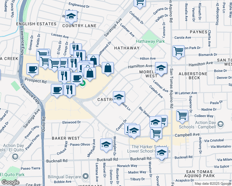 map of restaurants, bars, coffee shops, grocery stores, and more near 1747 Fallbrook Avenue in San Jose
