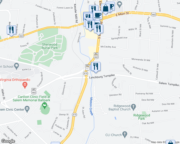 map of restaurants, bars, coffee shops, grocery stores, and more near 1443 Lynchburg Turnpike in Salem