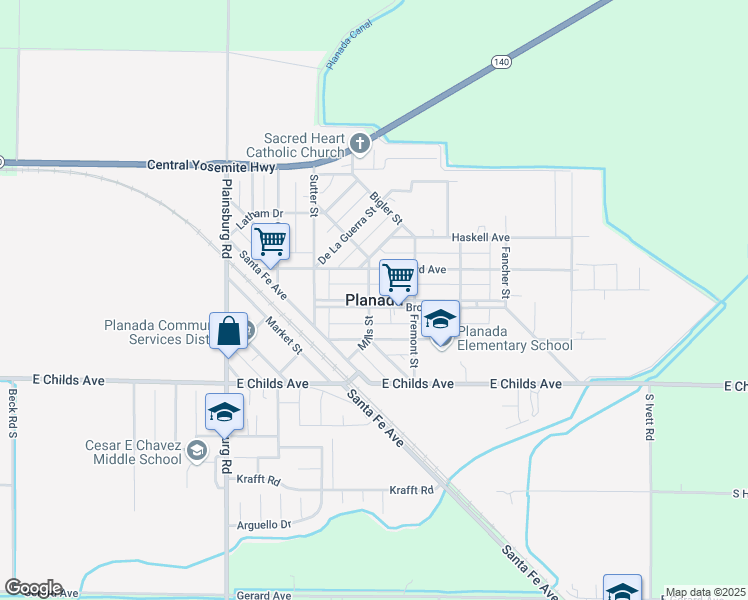 map of restaurants, bars, coffee shops, grocery stores, and more near in Planada