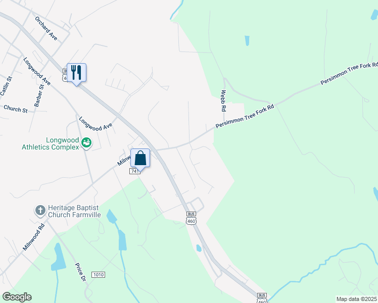 map of restaurants, bars, coffee shops, grocery stores, and more near 1813 Woodland Trail in Farmville
