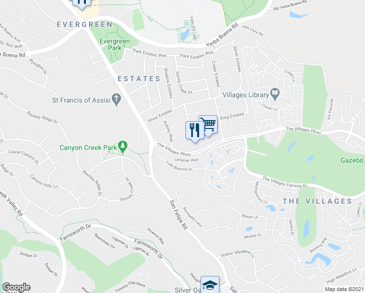 map of restaurants, bars, coffee shops, grocery stores, and more near 5293 Knights Estates in San Jose