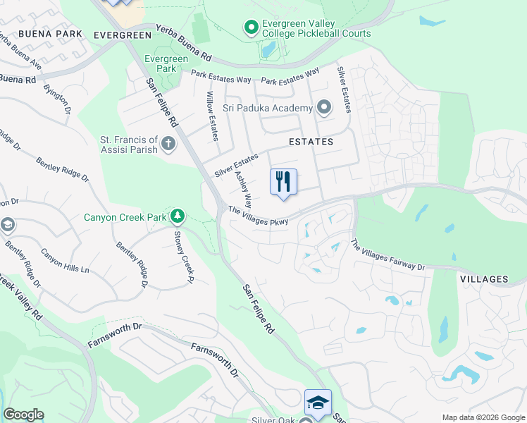 map of restaurants, bars, coffee shops, grocery stores, and more near 5293 Knights Estates in San Jose