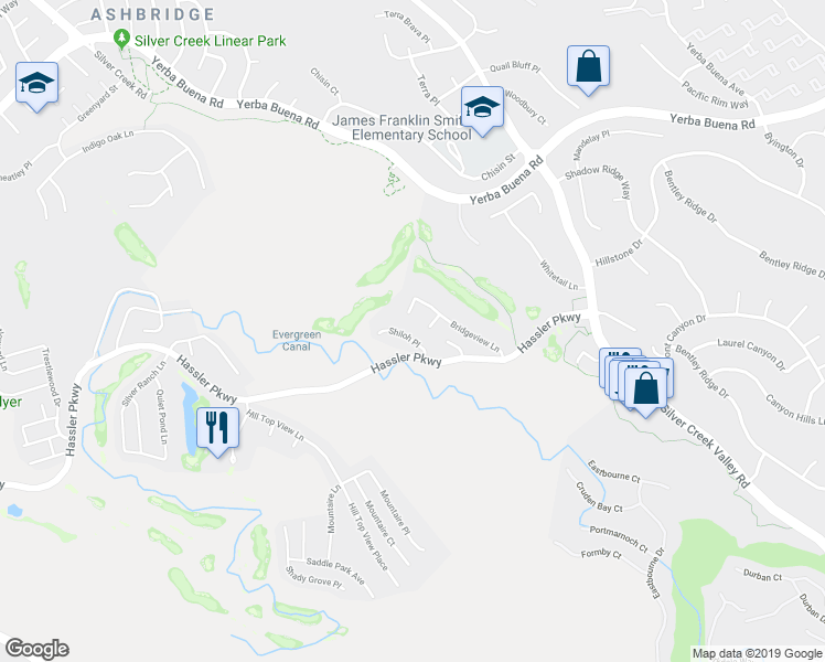map of restaurants, bars, coffee shops, grocery stores, and more near 1828 Bridgeview Court in San Jose