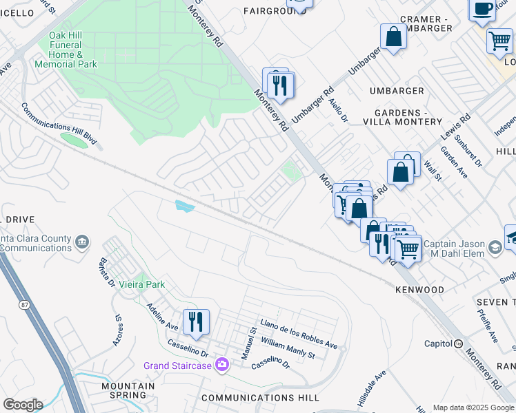map of restaurants, bars, coffee shops, grocery stores, and more near 156 Esfahan Drive in San Jose