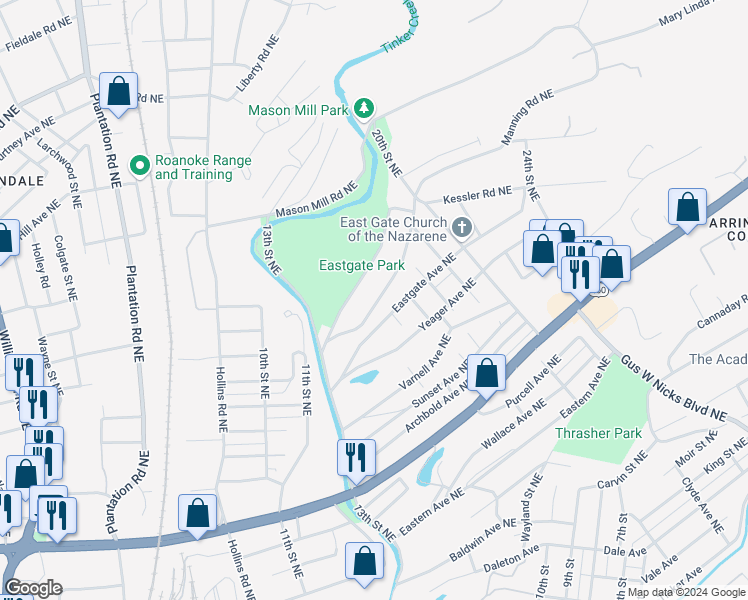 map of restaurants, bars, coffee shops, grocery stores, and more near 1615 North Avenue Northeast in Roanoke