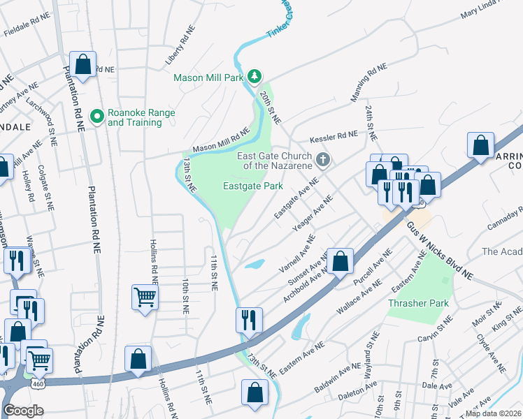 map of restaurants, bars, coffee shops, grocery stores, and more near 1526 Templeton Avenue Northeast in Roanoke