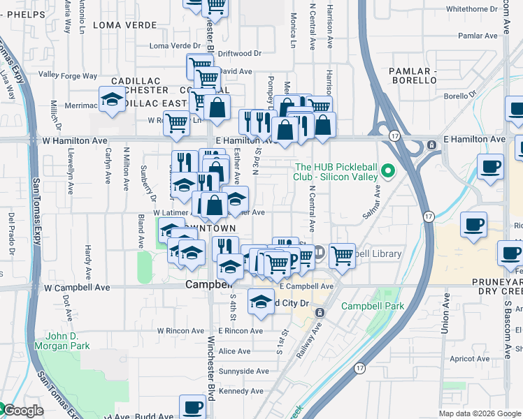 map of restaurants, bars, coffee shops, grocery stores, and more near 314 North 3rd Street in Campbell