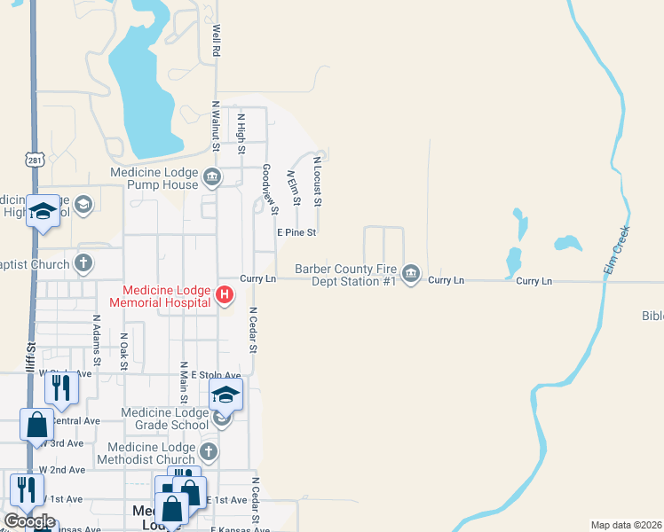 map of restaurants, bars, coffee shops, grocery stores, and more near 500 Curry Lane in Medicine Lodge