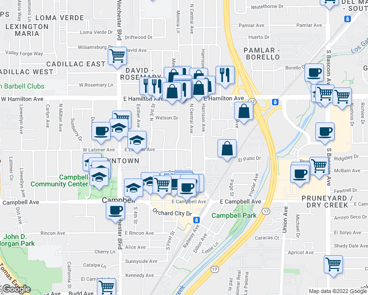 map of restaurants, bars, coffee shops, grocery stores, and more near 463 East Latimer Avenue in Campbell