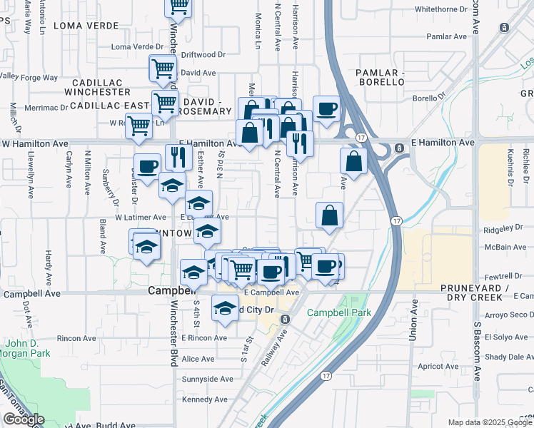 map of restaurants, bars, coffee shops, grocery stores, and more near 463 East Latimer Avenue in Campbell