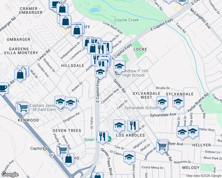 map of restaurants, bars, coffee shops, grocery stores, and more near 3215 Groth Court in San Jose