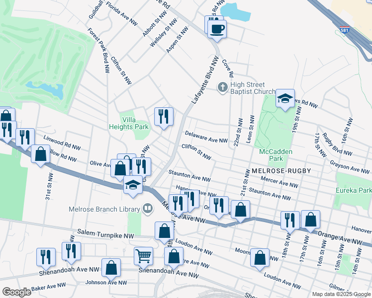 map of restaurants, bars, coffee shops, grocery stores, and more near 2506 Clifton Street Northwest in Roanoke