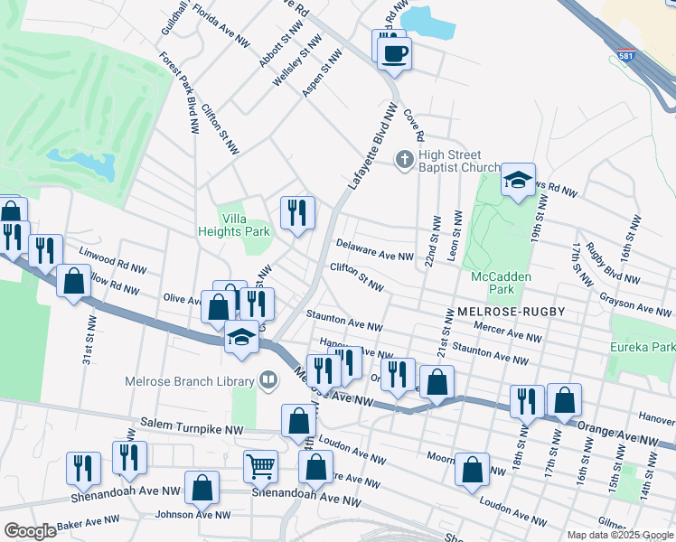 map of restaurants, bars, coffee shops, grocery stores, and more near 2506 Clifton Street Northwest in Roanoke