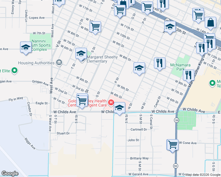 map of restaurants, bars, coffee shops, grocery stores, and more near 419 P Street in Merced