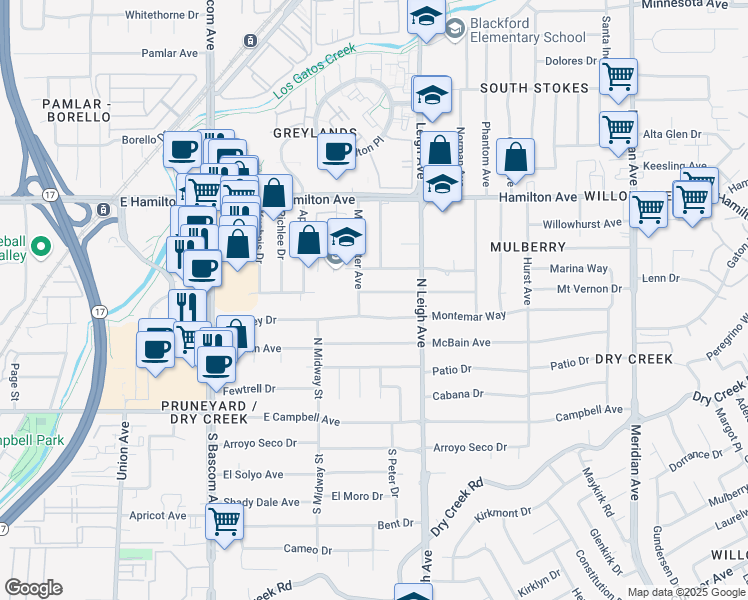 map of restaurants, bars, coffee shops, grocery stores, and more near 1400 Cronwell Drive in Campbell