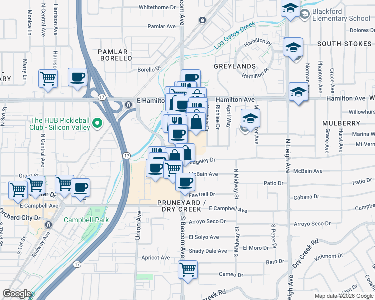 map of restaurants, bars, coffee shops, grocery stores, and more near 1790 South Bascom Avenue in Campbell