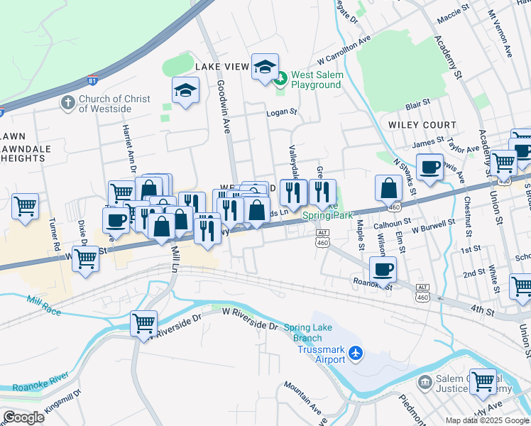 map of restaurants, bars, coffee shops, grocery stores, and more near 16 North Bruffey Street in Salem