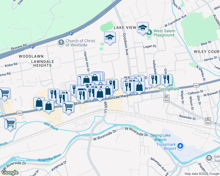 map of restaurants, bars, coffee shops, grocery stores, and more near 1355 West Main Street in Salem
