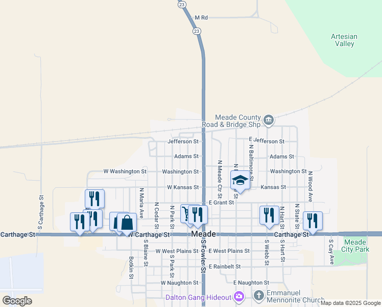 map of restaurants, bars, coffee shops, grocery stores, and more near Jefferson Street in Meade