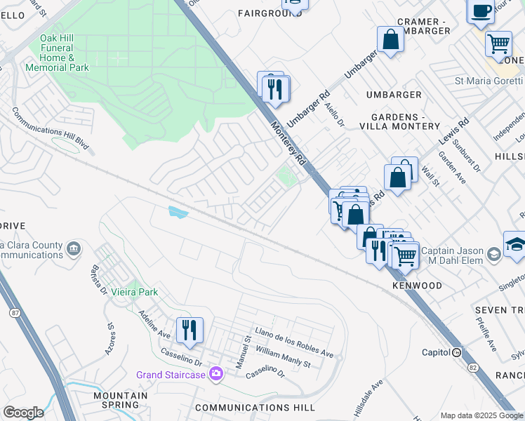 map of restaurants, bars, coffee shops, grocery stores, and more near 156 Esfahan Drive in San Jose