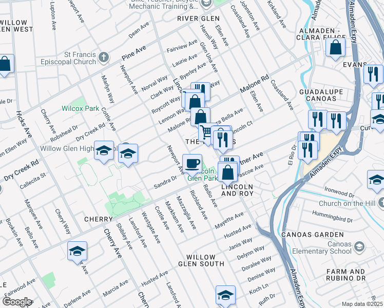 map of restaurants, bars, coffee shops, grocery stores, and more near in San Jose