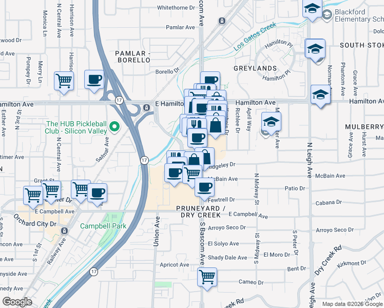map of restaurants, bars, coffee shops, grocery stores, and more near 1777 South Bascom Avenue in Campbell