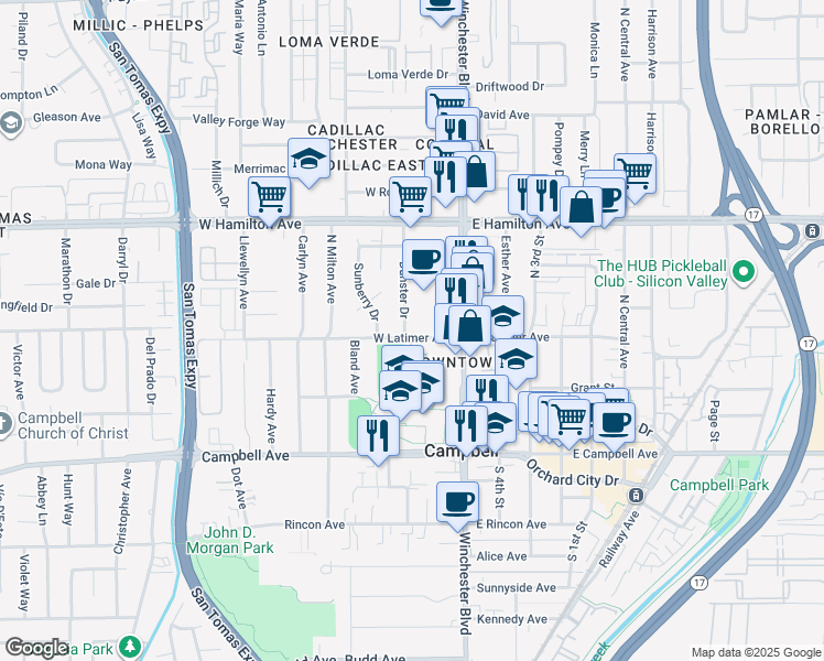 map of restaurants, bars, coffee shops, grocery stores, and more near 1799 South Winchester Boulevard in Campbell