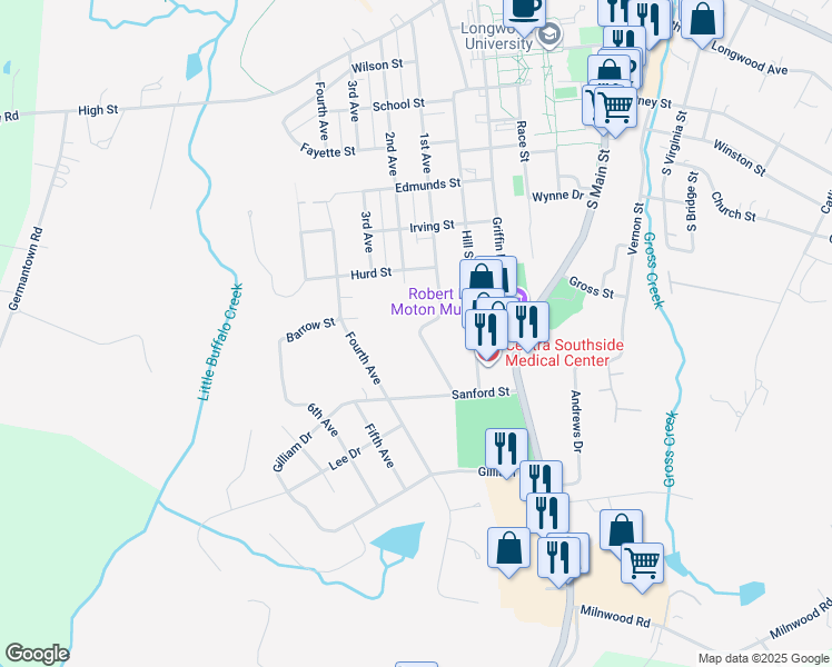 map of restaurants, bars, coffee shops, grocery stores, and more near in Farmville