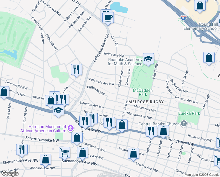 map of restaurants, bars, coffee shops, grocery stores, and more near 2327 Delaware Avenue Northwest in Roanoke