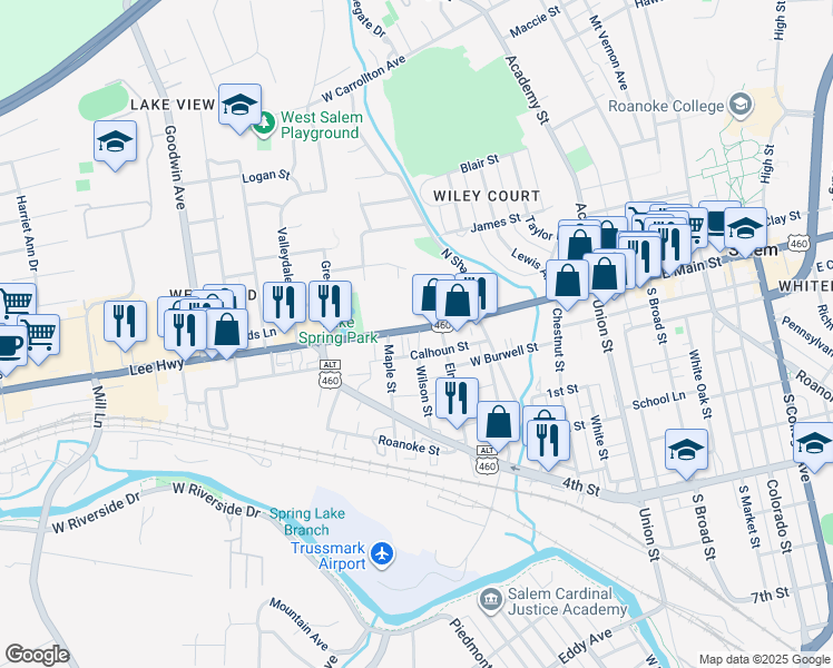map of restaurants, bars, coffee shops, grocery stores, and more near 502 East Main Street in Salem