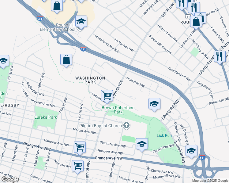 map of restaurants, bars, coffee shops, grocery stores, and more near 1022 Rockland Avenue Northwest in Roanoke