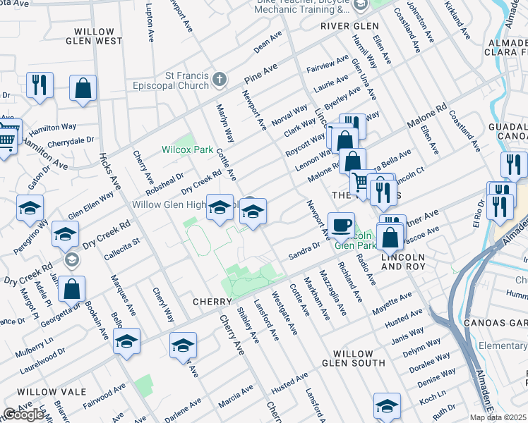 map of restaurants, bars, coffee shops, grocery stores, and more near 1286 Malone Road in San Jose
