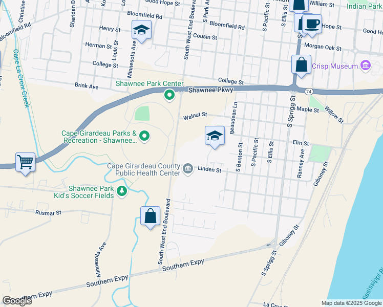 map of restaurants, bars, coffee shops, grocery stores, and more near 1084 Linden Street in Cape Girardeau