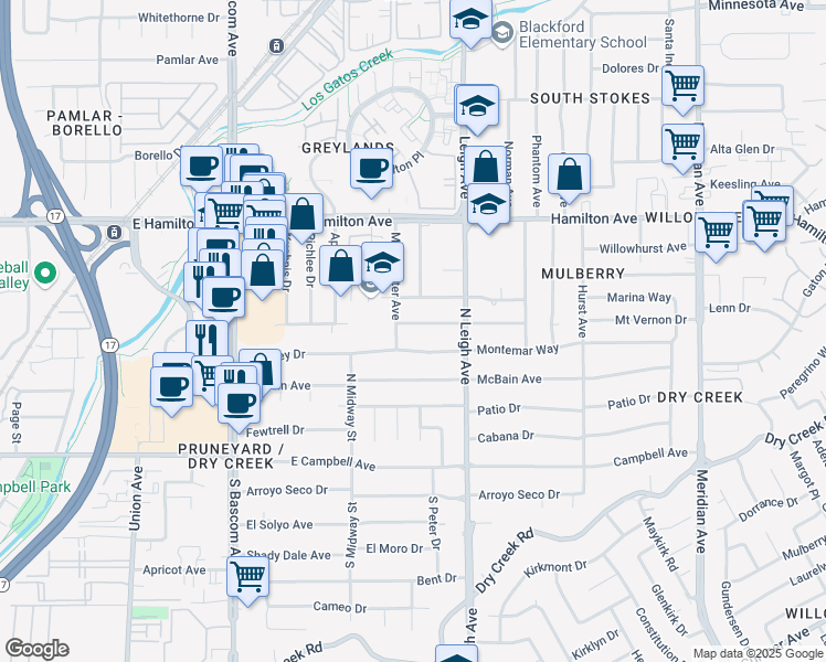 map of restaurants, bars, coffee shops, grocery stores, and more near 1400 Cronwell Drive in Campbell