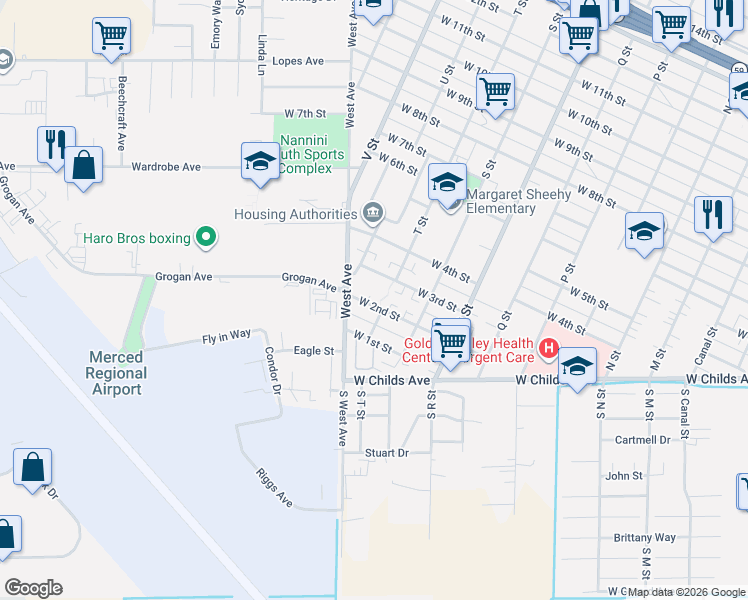 map of restaurants, bars, coffee shops, grocery stores, and more near 1315 West 2nd Street in Merced