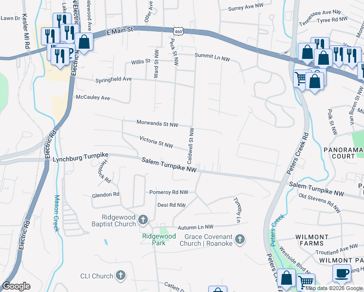 map of restaurants, bars, coffee shops, grocery stores, and more near 5015 Victoria Street Northwest in Roanoke