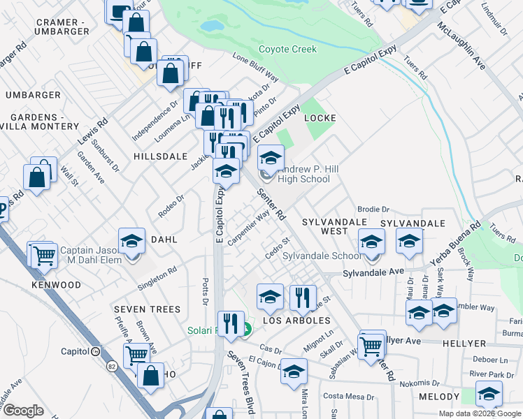 map of restaurants, bars, coffee shops, grocery stores, and more near 556 Groth Place in San Jose