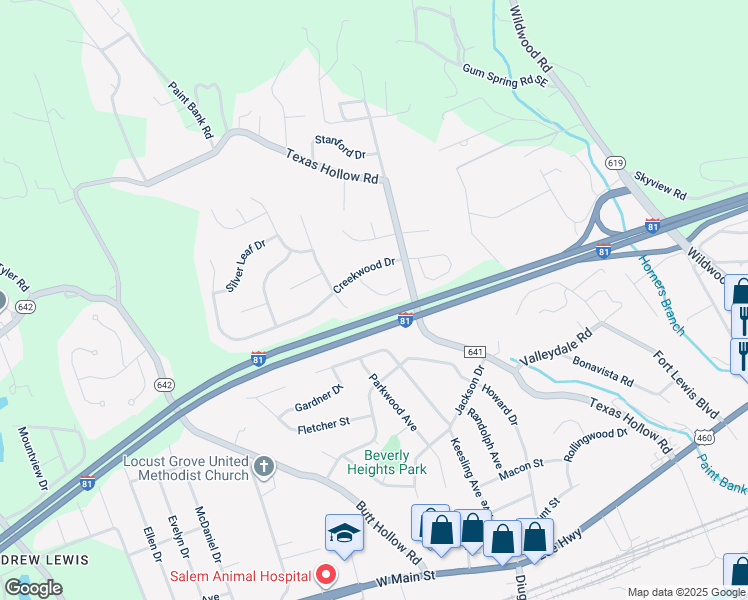map of restaurants, bars, coffee shops, grocery stores, and more near 2634 Puckett Circle in Salem