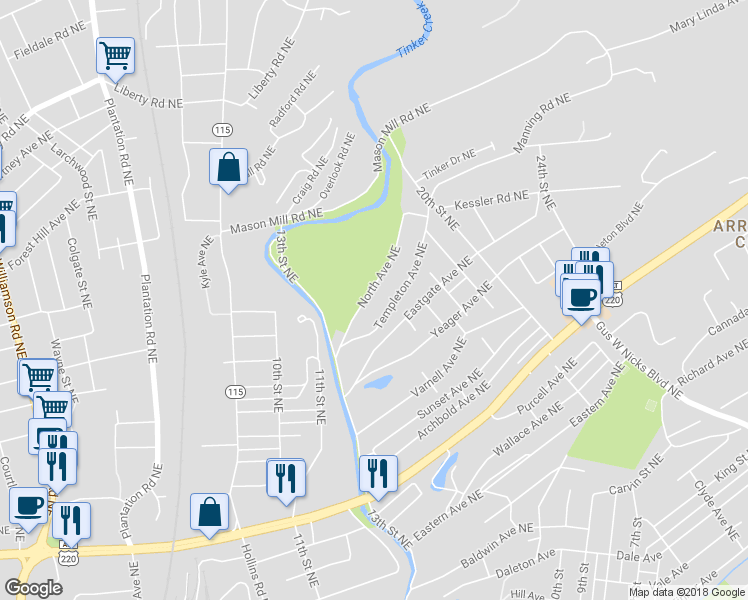 map of restaurants, bars, coffee shops, grocery stores, and more near 1615 North Avenue Northeast in Roanoke