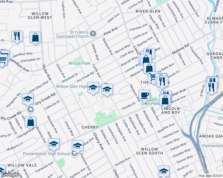 map of restaurants, bars, coffee shops, grocery stores, and more near 1286 Malone Road in San Jose